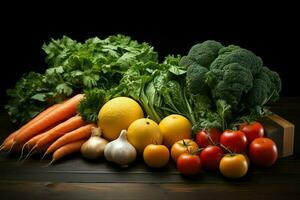 Collection mix fresh vegetables and fruits for a salad. Healthy diet concept and vegetables food by AI Generated photo