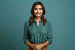 Beautiful asian woman in casual with smile cheerful. Studio shot asian woman standing hand gesture concept by AI Generated photo