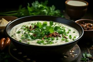 A delicious chicken soup food with vegetables in a bowl. Winter food and high protein soup meal concept by AI Generated photo