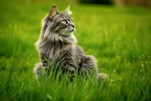 linda gato Mira a el lado y sentado en el jardín o césped. gato en naturaleza hábitat. gato día concepto por ai generado foto