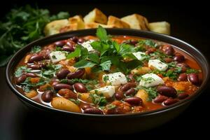 A delicious minestrone soup food in a bowl. Italian food and healthy protein soup meal concept by AI Generated photo