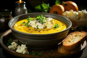 A delicious pumpkin soup food cream in a bowl. Winter food and high healthy soup meal concept by AI Generated photo