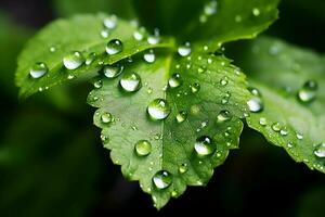 Macro shot of green leaves with water droplets, dew or rain drop on them. Green leaf nature forest concept by AI Generated photo