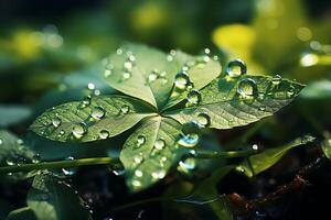 Macro shot of green leaves with water droplets, dew or rain drop on them. Green leaf nature forest concept by photo