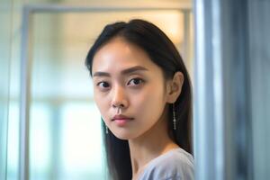 Attractive freshness asian woman clean face fresh water with care look to mirror in bathroom home concept by photo