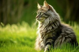 linda gato Mira a el lado y sentado en el jardín o césped. gato en naturaleza hábitat. gato día concepto por ai generado foto