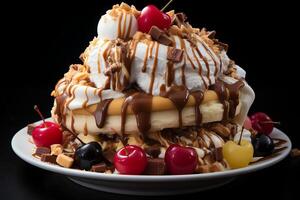 A delicious Banana split ice cream dessert with chocolate syrup. Banana split ice cream dessert by photo