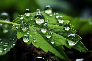 Macro shot of green leaves with water droplets, dew or rain drop on them. Green leaf nature forest concept by AI Generated photo