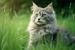 Cute cat look to the side and sitting in the garden or grass. Cat in nature habitat. Cat day concept by AI Generated photo