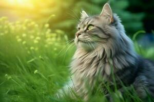 Cute cat look to the side and sitting in the garden or grass. Cat in nature habitat. Cat day concept by AI Generated photo