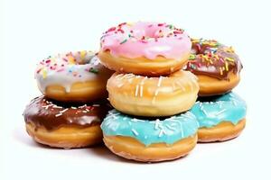 Colorful and tasty various donuts with colorful sprinkles sugar. Delicious dessert donuts background concept by AI Generated photo