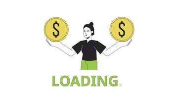 Managing budget line 2D loading animation. Asian woman with dollar coins balancing on one foot animated cartoon linear character 4K video loading motion graphic. Make stability download process gif