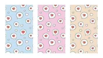 Chat Bubbles With Hearts Posters, Set of 3 Romantic Backgrounds. Cute Backdrops for Specials, Social Media and Design, Vertical Composition, Story Template vector