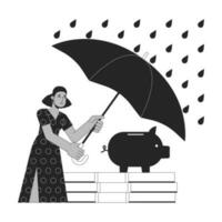 Busy woman protect savings from risks bw concept vector spot illustration. Shield from financial risk 2D cartoon flat line monochromatic on white for web UI design. Editable isolated color hero image