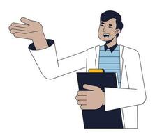 Scientist with documents flat line concept vector spot illustration. Indian man in lab coat 2D cartoon outline character on white for web UI design. Editable isolated color hero image