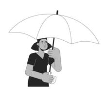 African american woman under umbrella flat line black white vector character. Editable outline half body person cover from bad weather. Simple cartoon isolated spot illustration for web graphic design