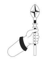 Hand holding wizard staff flat monochrome isolated vector object. Vintage stave. Editable black and white line art drawing. Simple outline spot illustration for web graphic design