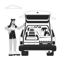 Universidad estudiante coche bw vector Mancha ilustración. latina estudiante de primer año niña cargando coche maletero 2d dibujos animados plano línea monocromo personaje para web ui diseño. la carretera viaje editable aislado contorno héroe imagen