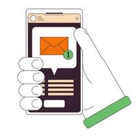 Holding smartphone with new message flat line concept vector spot illustration. Email notification 2D cartoon outline hand on white for web UI design. editable isolated color hero image