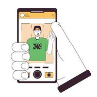 Holding smartphone with photo flat line concept vector spot illustration. Taking picture. Selfie 2D cartoon outline hand on white for web UI design. editable isolated color hero image