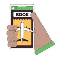 Ticket booking flat line concept vector spot illustration. Holding smartphone for buying tickets on plane 2D cartoon outline hand on white for web UI design. editable isolated color hero image