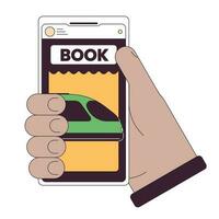 Holding smartphone for buying tickets flat line concept vector spot illustration. Online booking tickets on train 2D cartoon outline hand on white for web UI design. editable isolated color hero image