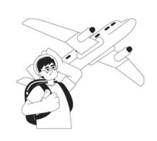 Excited man looking on flying plane monochrome concept vector spot illustration. Traveler with backpack 2D flat bw cartoon character on white for web UI design. Isolated editable hand drawn hero image