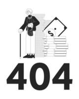 pensión ahorros negro blanco error 404 destello mensaje. Finanzas gestión. monocromo vacío estado ui diseño. página no encontró surgir dibujos animados imagen. vector plano contorno ilustración concepto