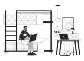 Dorm roommates studying together bw vector spot illustration. Dormitory boys 2D cartoon flat line monochromatic characters for web UI design. Doing homework editable isolated outline hero image