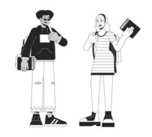 Diverse college students bw vector spot illustration. University students talk 2D cartoon flat line monochromatic characters for web UI design. College campus life editable isolated outline hero image