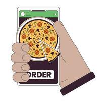 Ordering pizza by smartphone flat line concept vector spot illustration. Hand holding phone. Food ordering app 2D cartoon outline hand on white for web UI design. editable isolated color hero image