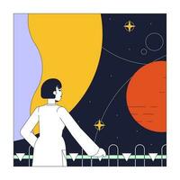 Scientist explore outer space flat line concept vector spot illustration. Space program 2D cartoon outline character on white for web UI design. Editable isolated color hero image