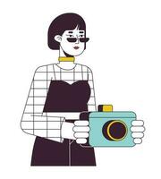 Pretty photographer with camera flat line color vector character. Editable outline half body asian girl in sunglasses taking picture on white. Simple cartoon spot illustration for web graphic design