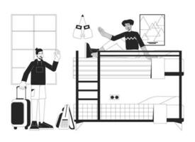 Moving into dorm bw vector spot illustration. University roommates freshmen 2D cartoon flat line monochromatic characters for web UI design. Going to college editable isolated outline hero image