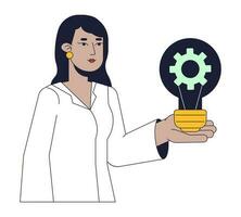 Female engineer flat line concept vector spot illustration. Indian woman create mechanism inside light bulb 2D cartoon outline character on white for web UI design. Editable isolated color hero image