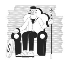 Old man in chair holding staff bw concept vector spot illustration. Rich man on coins wall background 2D cartoon flat line monochromatic on white for web UI design. Editable isolated color hero image