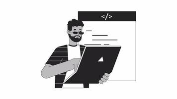 It developer coding on laptop bw outline 2D animation. Software engineering remote employee 4K video motion graphic. Coder programmer monochrome linear animated cartoon flat concept, white background