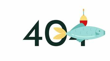 Fish fishing bait 404 error animation. Catching sea creature error message gif, motion graphic. Fish eating bait but not hook animated character cartoon 4K video isolated on white background