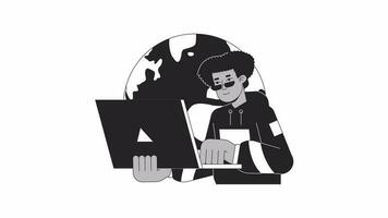 Office anywhere bw outline 2D animation. Internet global business 4K video motion graphic. Man typing laptop in front of globe world monochrome linear animated cartoon flat concept, white background