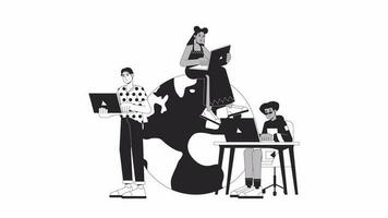 Remote work team bw outline 2D animation. Internet global business 4K video motion graphic. Millennials on laptops. Young hackers monochrome linear animated cartoon flat concept, white background