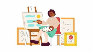 hobby målare tecknad serie animation. konst verkstad 4k video rörelse grafisk. målning klass. afrikansk amerikan kvinna studio konstnär målning bild 2d Färg animerad karaktär isolerat på vit bakgrund