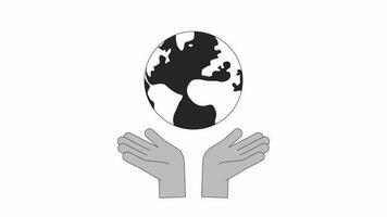 Hands holding planet globe bw outline 2D animation. Globe in hands 4K video motion graphic. Earth protection. Working anywhere monochrome linear animated cartoon flat concept, white background