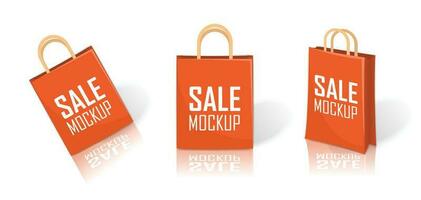 Set of orange paper shopping bag with different angles, retail purchase packaging sale bag mock up vector