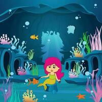 Ocean underwater with cute little mermaid sit in a cave, ocean underwater world, ocean nature inhabitants, marine life, undersea vector background