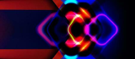 wide abstract geometric banner with neon lines. glow cube round shapes on dark background. Pink and blue glow vector