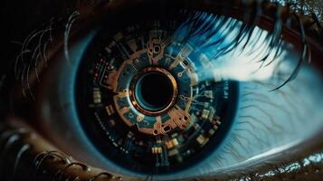 Extreme close-up of an robotic eye, electronic pupil, chip, photo