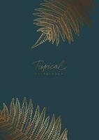 Luxury tropical background with golden linear fern on dark turquoise background vector