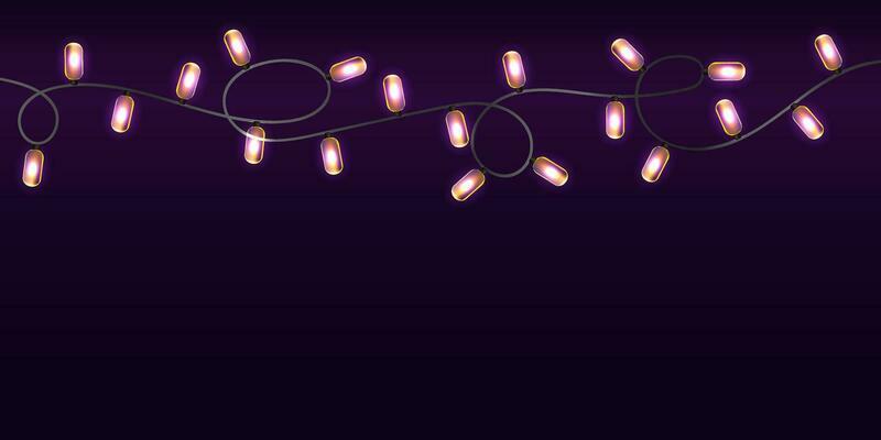 Luminous garland holiday background. Realistic lamps on the cable. Vector design.