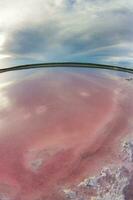 a pink lake with a cloudy sky and clouds photo