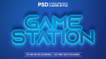 gloeiend spel station troosten blauw tekst effect slim voorwerp mockup psd